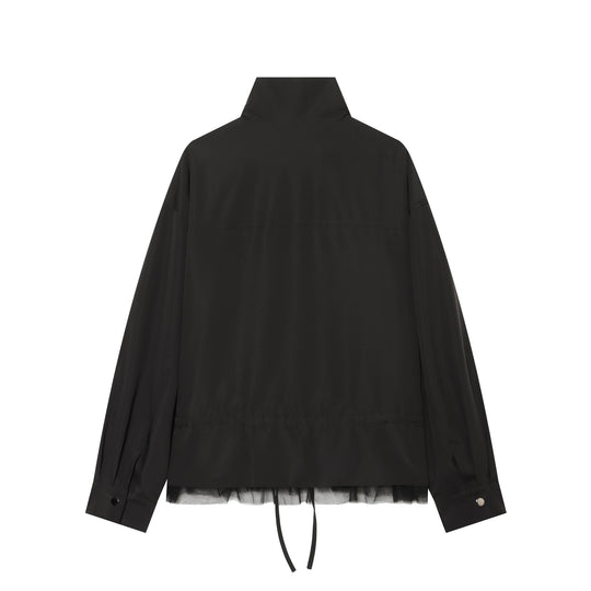 Damen Leichte Cropped Übergangsjacke mit Stehkragen, Tunnelzugtaillierung und Tüllbesatz Nord Taschen