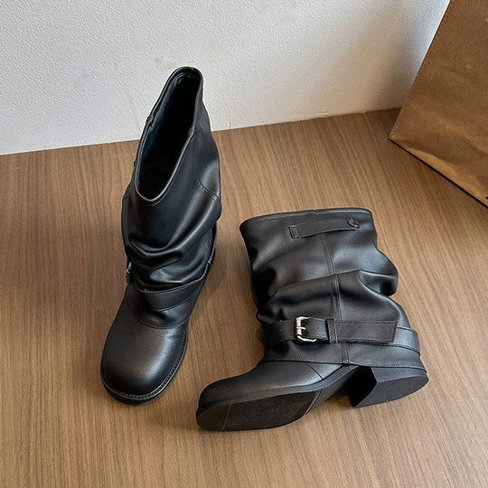 Damen Modische Stiefeletten mit lässigem Falten-Design und eleganter Schnallenverzierung Nord Taschen