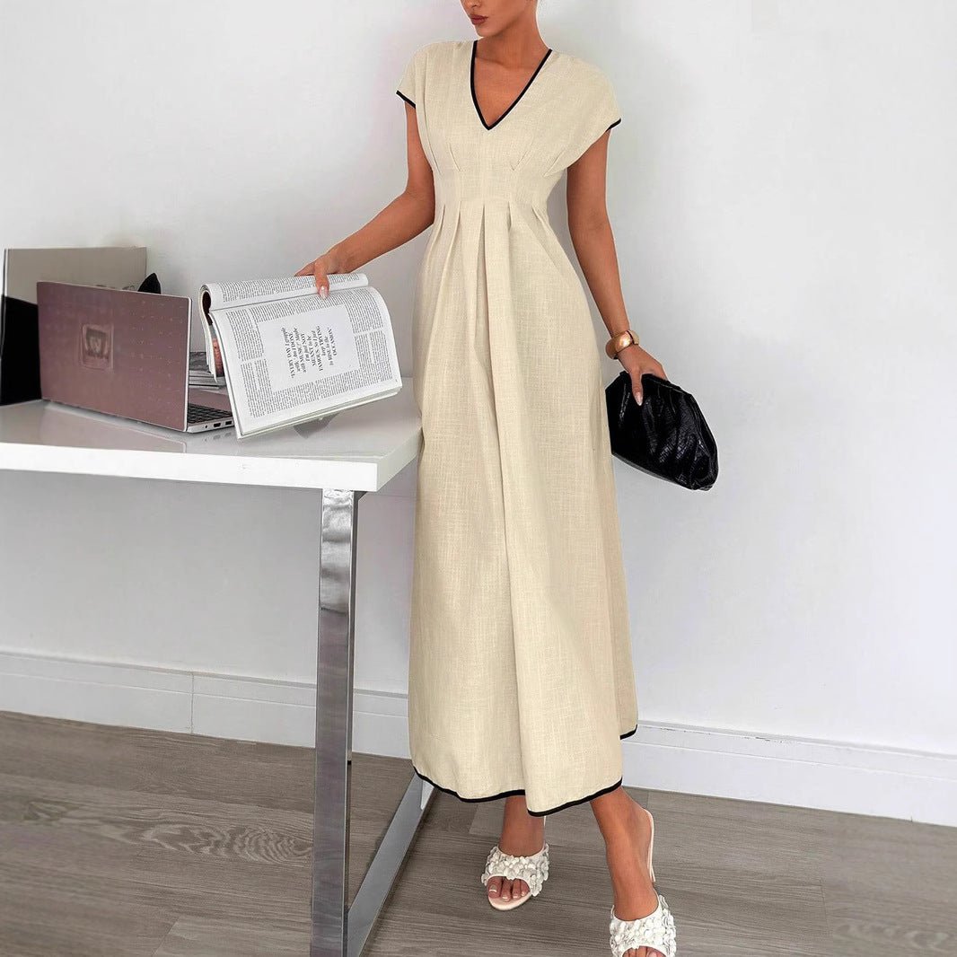 Damen Fließendes Maxikleid mit V-Ausschnitt und schwingendem Rock Nord Taschen
