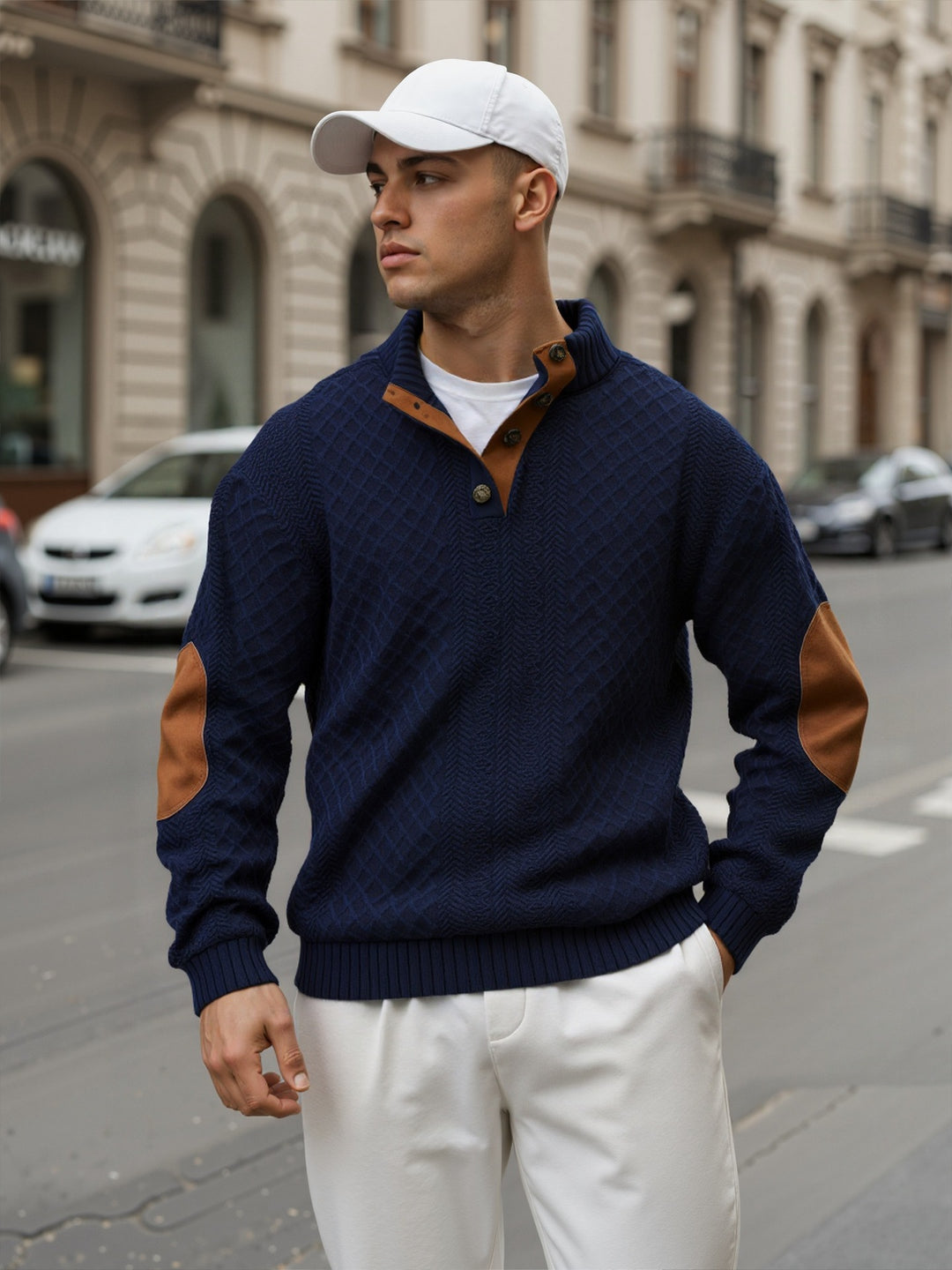 Herren Troyer-Pullover mit Stehkragen, strukturierter Strickoptik und Kontrast-Ellbogenpatches Nord Taschen