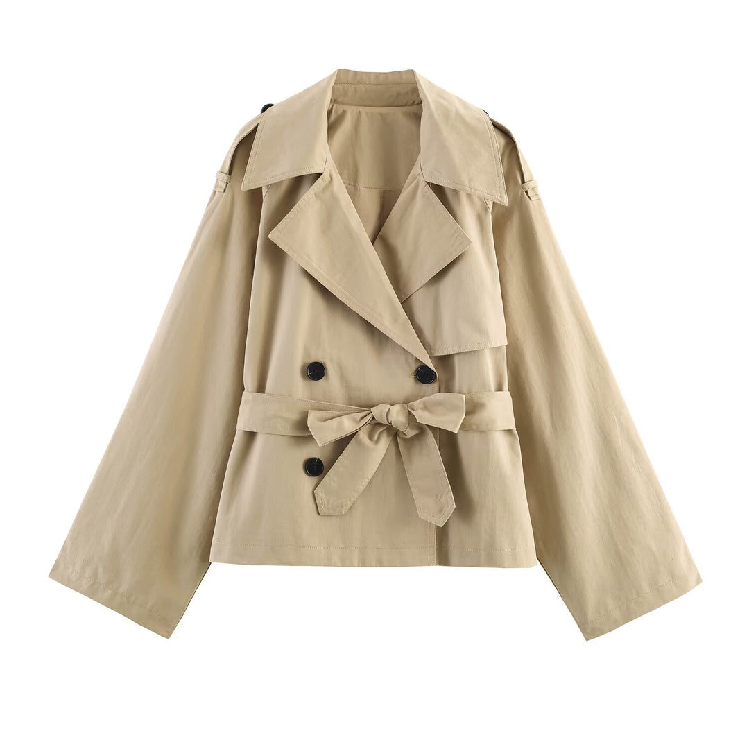 Damen Kurzcape-Trench mit doppelter Knopfreihe, weitem Cape-Ärmel und Taillenbindegürtel Nord Taschen