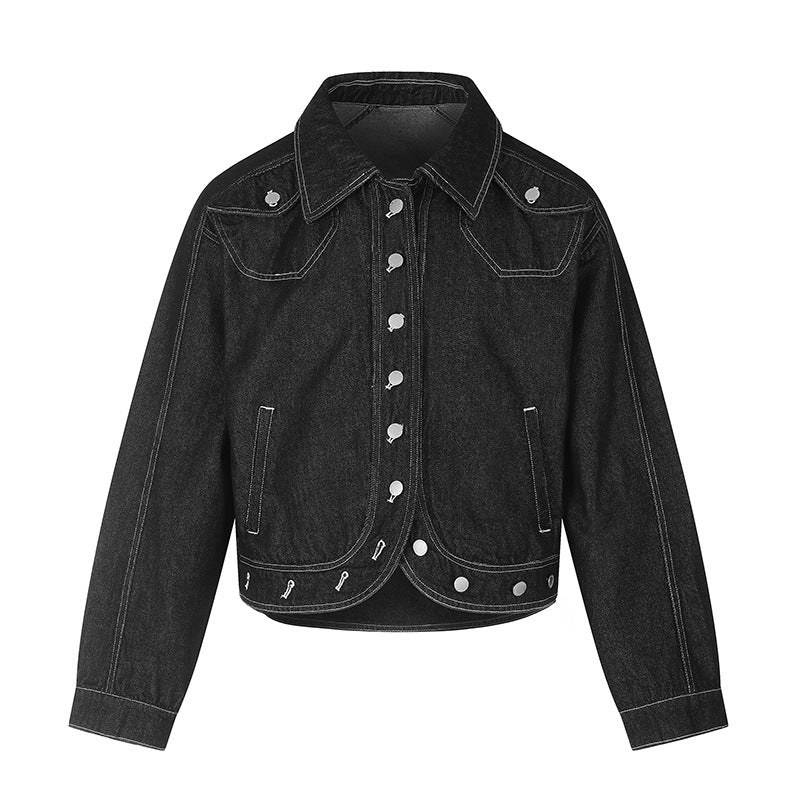 Damen Cropped Denim-Jacke im Western‑Look mit Kontrastnähten und Metall-Druckknöpfen Nord Taschen