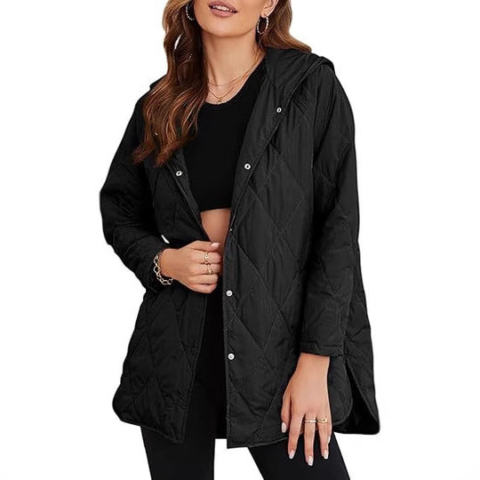 Damen gesteppte Kapuzenjacke mit Druckknopfleiste, seitlichen Schlitzen und mittlerer Länge Nord Taschen