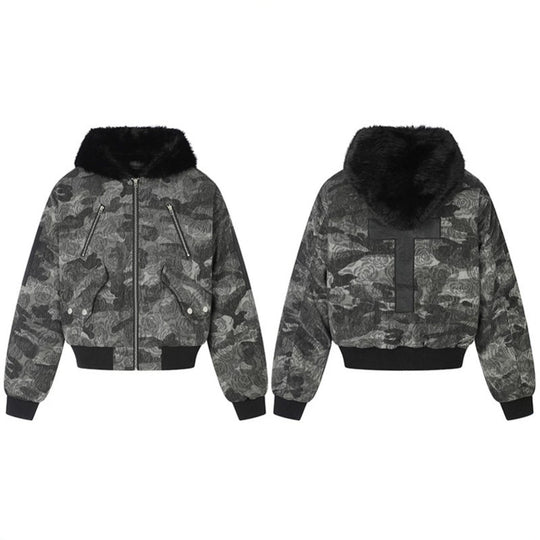 Damen wattierte Bomberjacke mit Kunstfellkapuze, Rosen‑Jacquard und Zipper‑Details Nord Taschen
