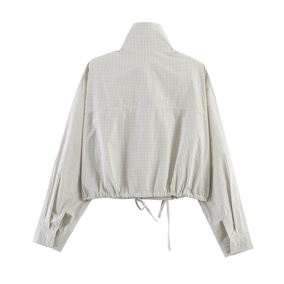 Damen Cropped Windjacke mit Stehkragen, Karo-Muster und Tunnelzug Nord Taschen