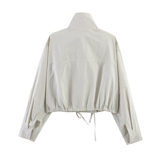 Damen Cropped Windjacke mit Stehkragen, Karo-Muster und Tunnelzug Nord Taschen