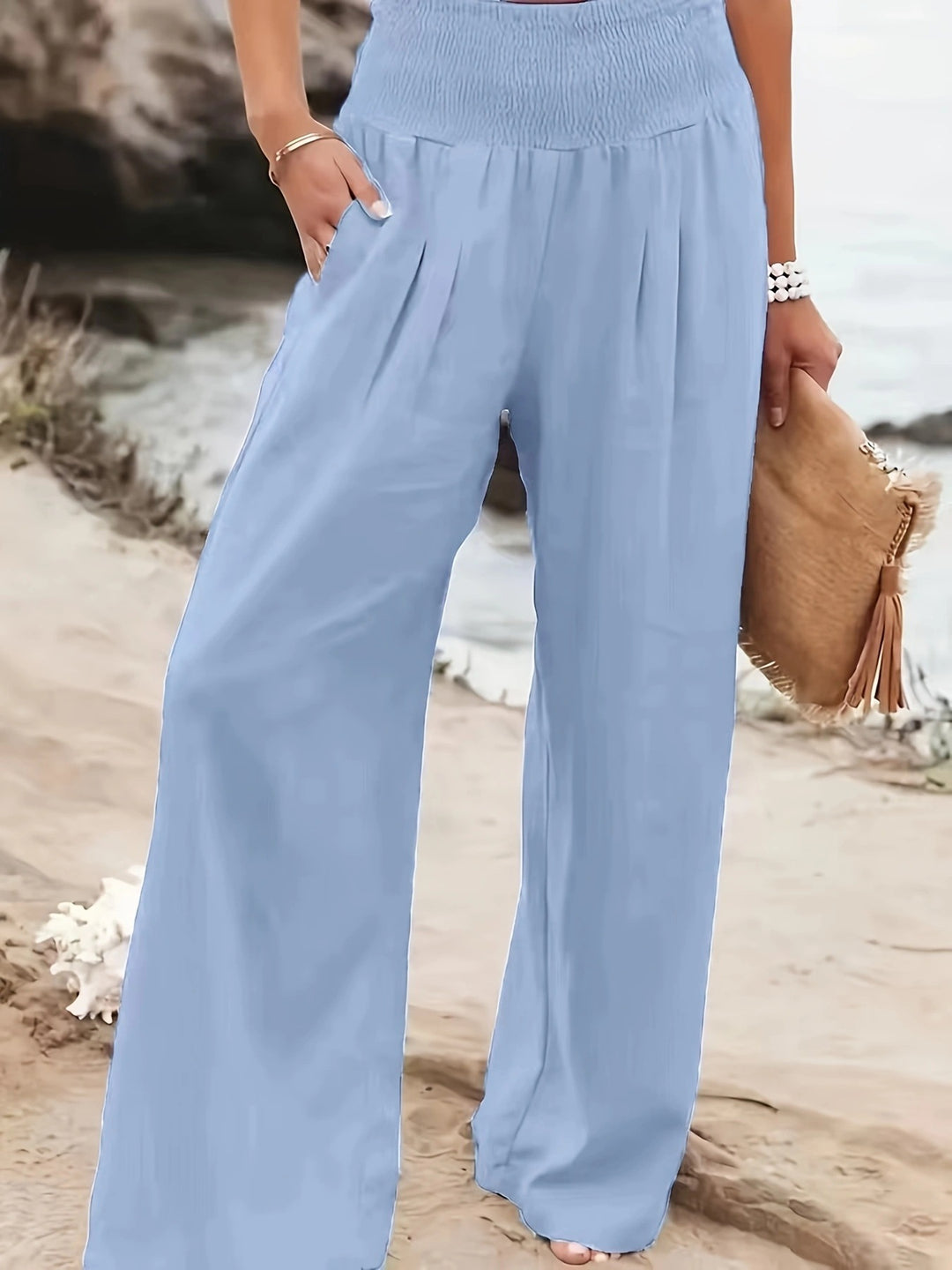 Damen Weite Leinenhose mit Smokbund und Eingrifftaschen Nord Taschen