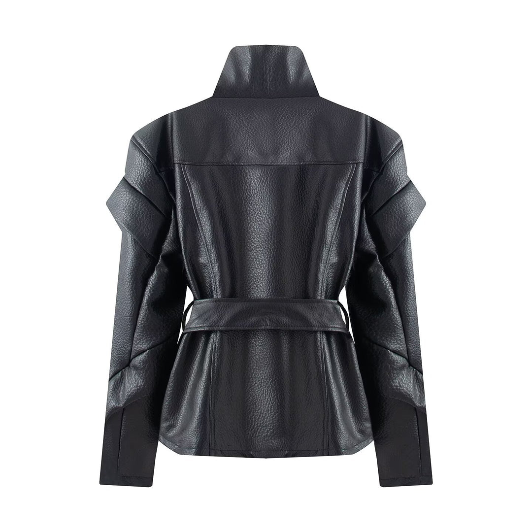 Damen Taillierte Kunstlederjacke mit hohem Stehkragen, asymmetrischem Reißverschluss und Bindegürtel Nord Taschen