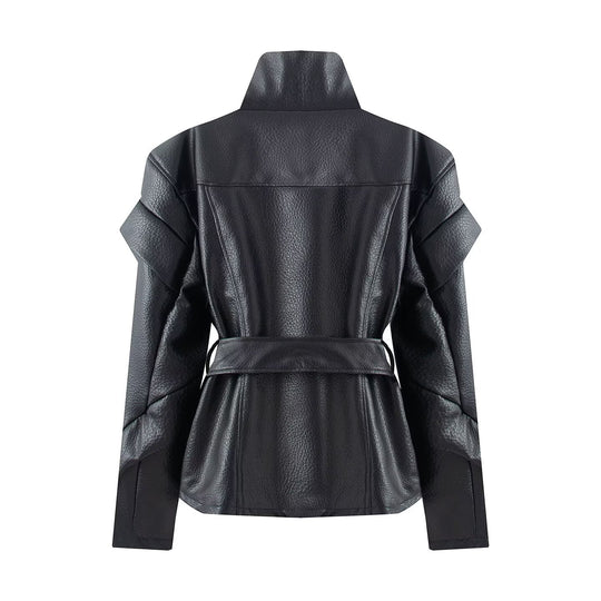 Damen Taillierte Kunstlederjacke mit hohem Stehkragen, asymmetrischem Reißverschluss und Bindegürtel Nord Taschen