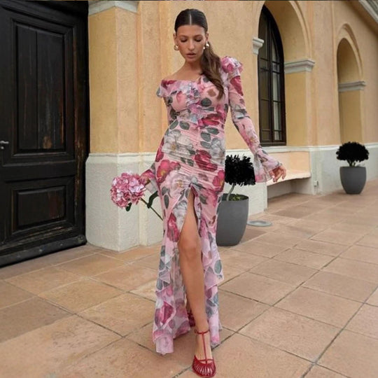 Damen Florales Chiffon-Maxikleid mit asymmetrischer Rüschen‑Schulter, geraffter Korsage & hohem Frontschlitz Nord Taschen