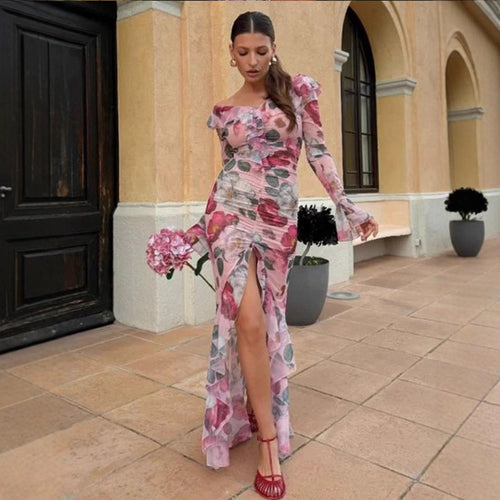 Damen Florales Chiffon-Maxikleid mit asymmetrischer Rüschen‑Schulter, geraffter Korsage & hohem Frontschlitz Nord Taschen