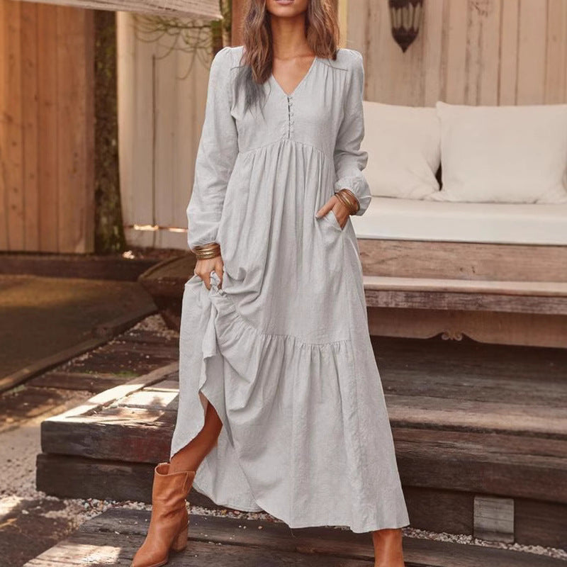 Damen Langes Stufenkleid aus Leinenmix mit V-Ausschnitt und Eingrifftaschen Nord Taschen