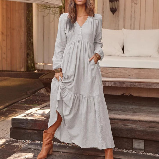 Damen Langes Stufenkleid aus Leinenmix mit V-Ausschnitt und Eingrifftaschen Nord Taschen