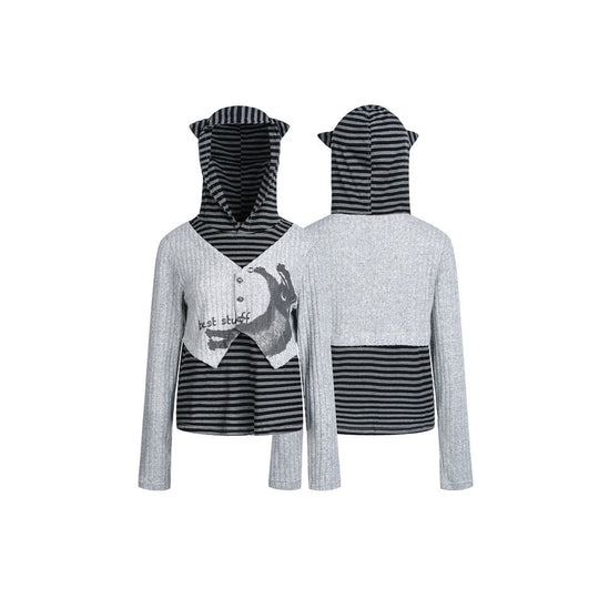 Damen Lagenlook-Kapuzenpullover mit gestreiftem Unterteil und kurzem Rippbolero Nord Taschen