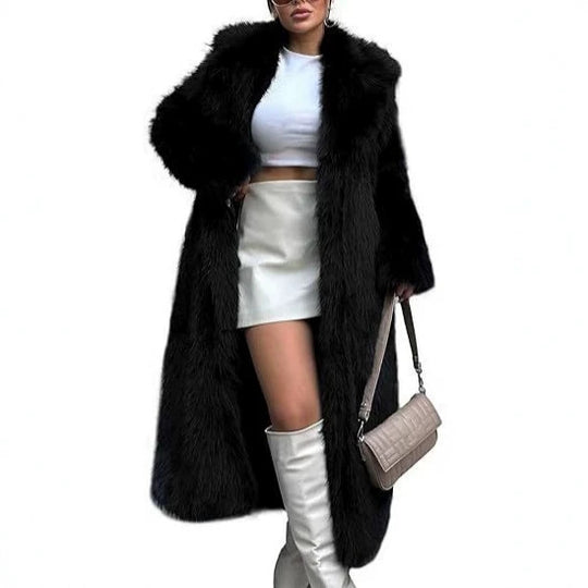 Damen Eleganter Maxi-Kunstpelz-Mantel mit weitem Schalkragen und geradem Schnitt Nord Taschen