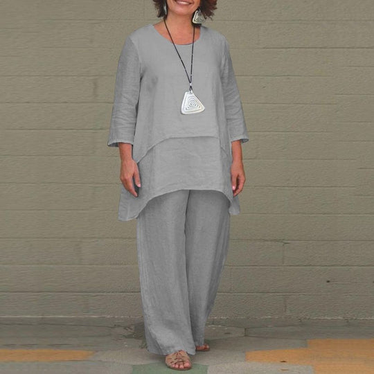 Damen Lässiges Zweiteiliges Leinen-Set mit Oversize-Tunika und weiter Palazzo-Hose Nord Taschen