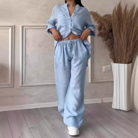 Damen Weite Leinenmix-Hose mit hohem Elastikbund, Kordelzug und Palazzo-Silhouette Nord Taschen