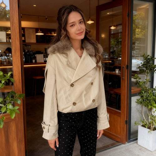 Damen Doppelreiher-Blouson mit abnehmbarem Kunstpelzkragen, Taillenzug und verstellbaren Manschetten Nord Taschen