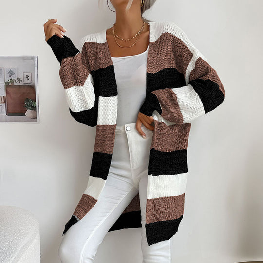 Damen Lässiger Strickmantel mit Streifen Nord Taschen