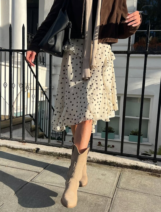 Damen Wickel-Midirock aus Chiffon mit Volants und Pünktchen-Design Nord Taschen