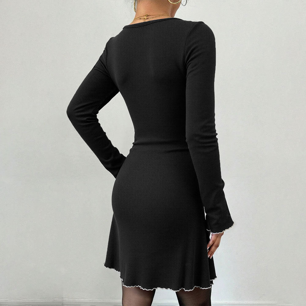 Damen geripptes Minikleid mit Trompetenärmeln, Zierschleife am Dekolleté und welligem Saum Nord Taschen