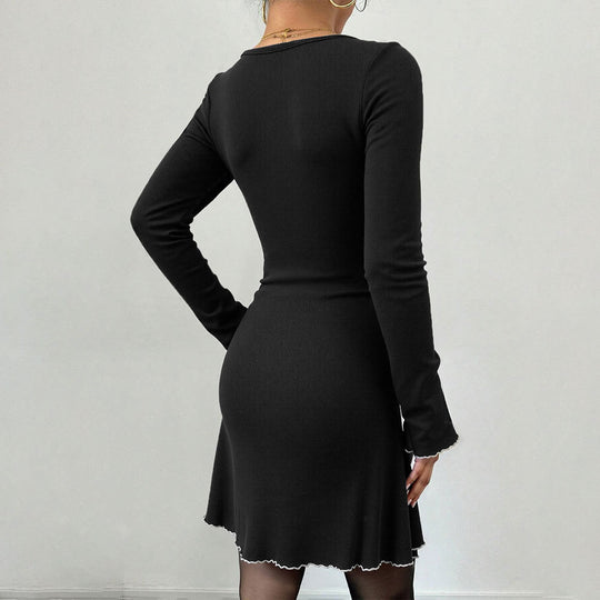 Damen geripptes Minikleid mit Trompetenärmeln, Zierschleife am Dekolleté und welligem Saum Nord Taschen