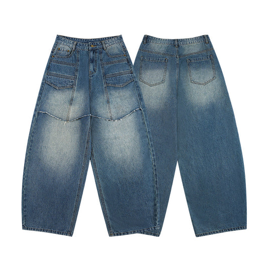 Damen Extraweite Denim-Palazzo-Hose mit aufgesetzten Vorderpanelen und Used-Waschung Nord Taschen