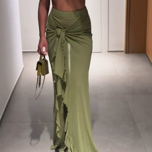 Damen Hochtaillierter Maxi-Rock mit asymmetrischer Raffung, Knotendetail und Volant-Schlitz Nord Taschen