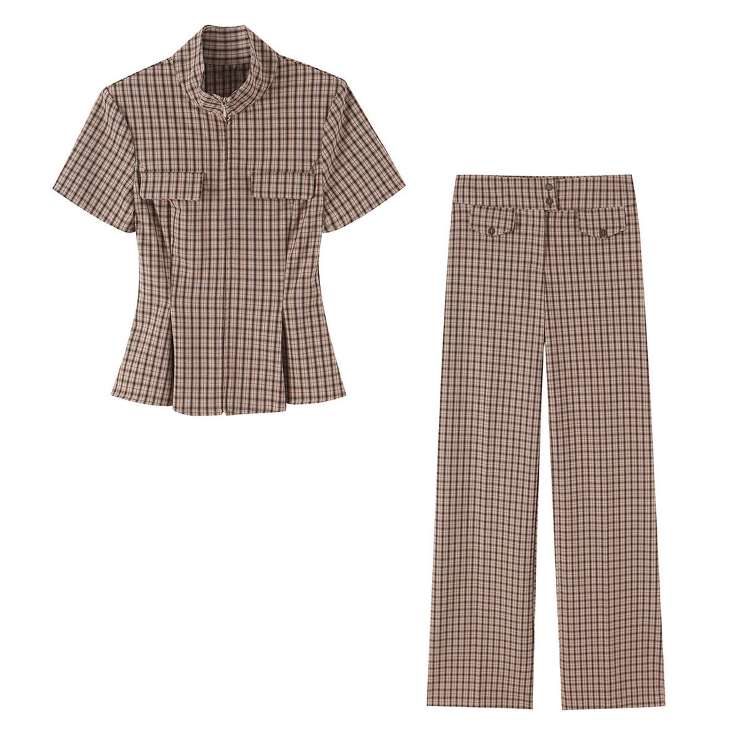 Damen Hochtaillierte weite Stoffhose mit Karo-Muster und Zierklappen Nord Taschen
