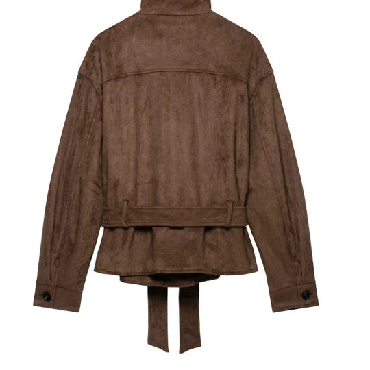 Damen Kurzjacke aus Veloursimitat mit Stehkragen und Taillengürtel Nord Taschen