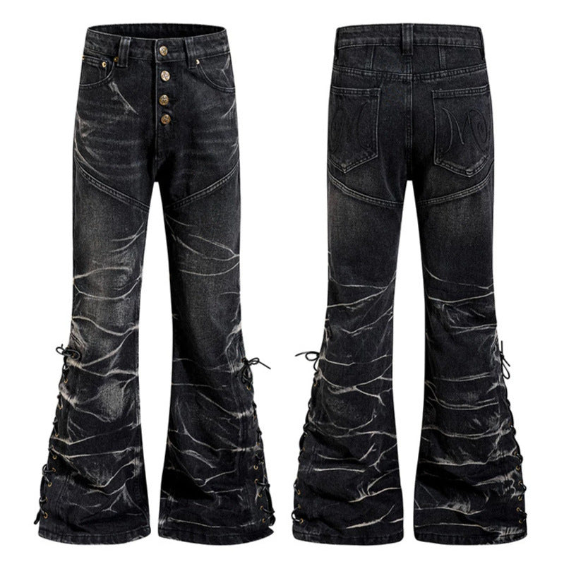 Damen hochgeschnittene ausgestellte Jeanshose mit Knopfleiste und seitlichen Schnürungen Nord Taschen