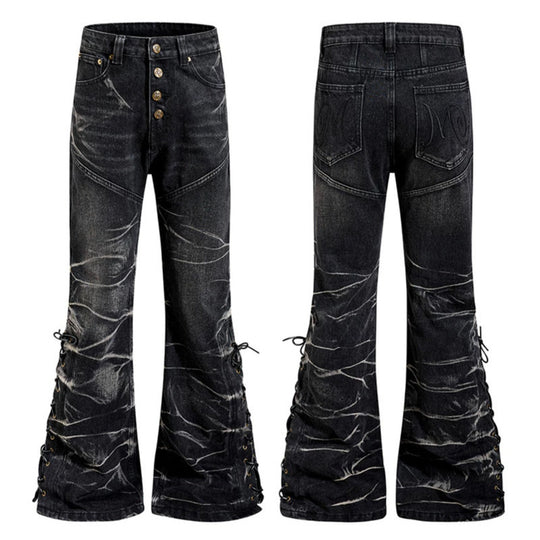 Damen hochgeschnittene ausgestellte Jeanshose mit Knopfleiste und seitlichen Schnürungen Nord Taschen