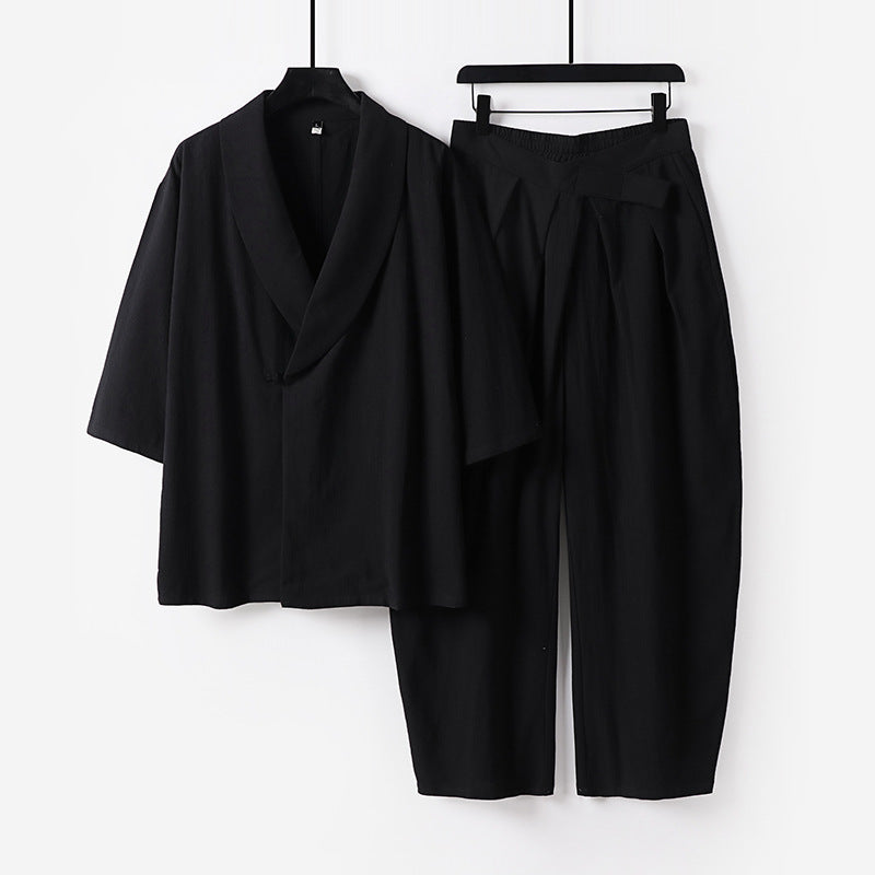 Damen Zweiteiliges Kimono-Loungewear-Set mit Schalkragen Kurzarm-Oberteil und hochtaillierter Plissee-Hose Nord Taschen