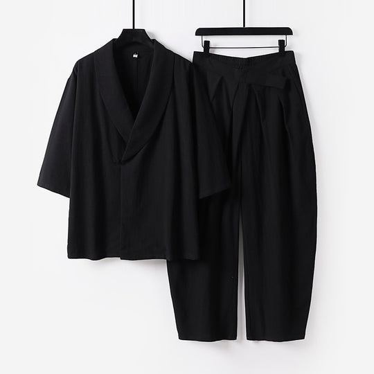Damen Zweiteiliges Kimono-Loungewear-Set mit Schalkragen Kurzarm-Oberteil und hochtaillierter Plissee-Hose Nord Taschen