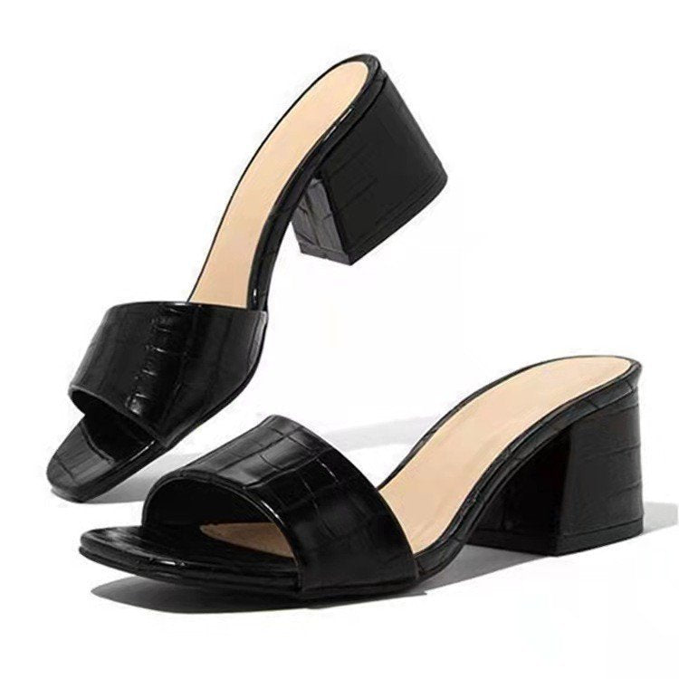 Damen elegante Blockabsatz-Sandalen mit zeitlosem Krokodilleder-Riemen