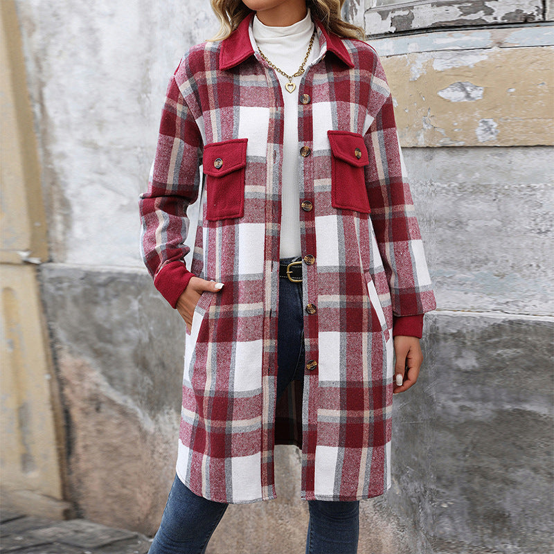 Damen Lange Überwurfjacke im karierten Flanell‑Look mit aufgesetzten Pattentaschen Nord Taschen