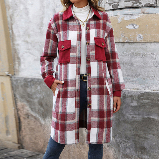 Damen Lange Überwurfjacke im karierten Flanell‑Look mit aufgesetzten Pattentaschen Nord Taschen