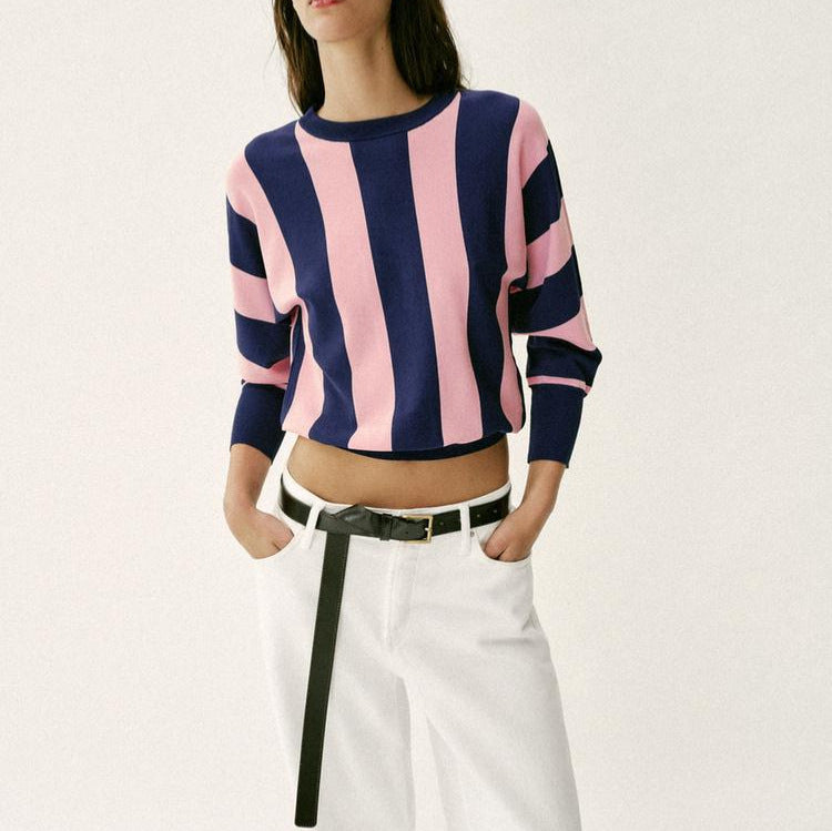 Damen Oversized Strickpullover mit breiten Streifen, Rundhalsausschnitt und verlängerten Rippärmeln Nord Taschen