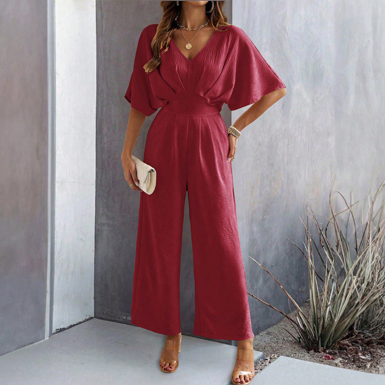 Damen Weit geschnittener Jumpsuit mit eleganten Drapierungen und V-Ausschnitt Nord Taschen