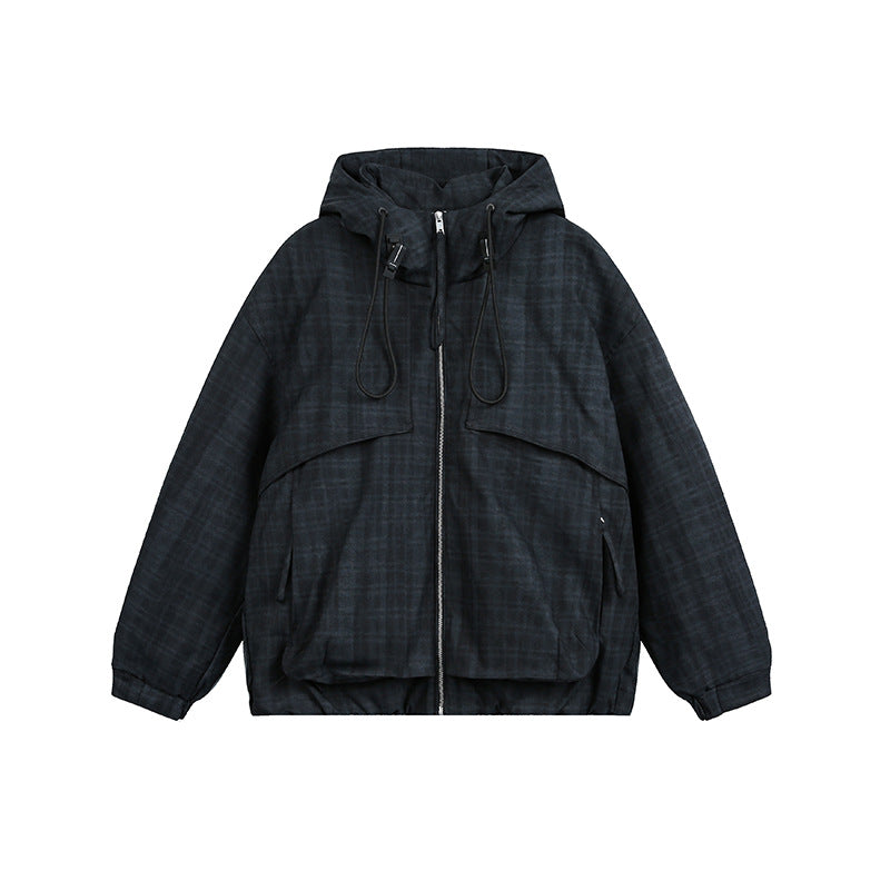Unisex Oversize Utility Kapuzenjacke mit Karomuster und Kordelzug Nord Taschen