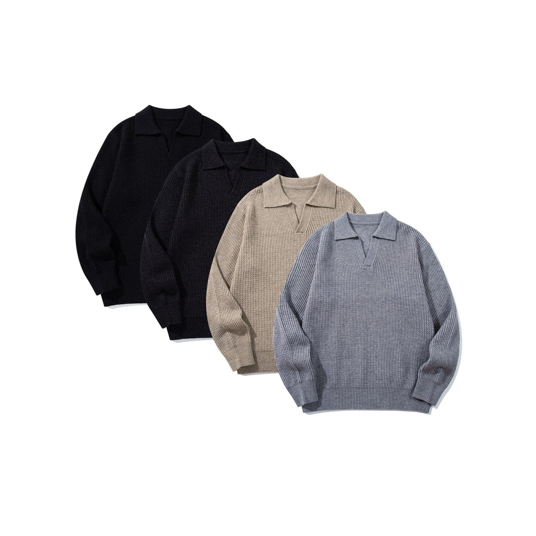 Herren Grobgestrickter Polokragen-Pullover mit V‑Ausschnitt und Rippenbündchen Nord Taschen