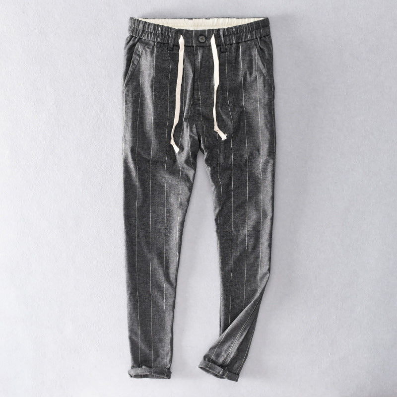 Herren lässige Hose mit elastischem Bund und Kordel schmal zulaufend Nadelstreifenoptik Nord Taschen