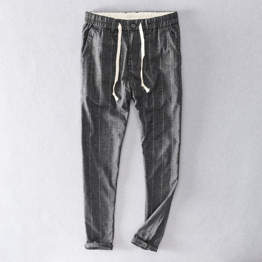 Herren lässige Hose mit elastischem Bund und Kordel schmal zulaufend Nadelstreifenoptik Nord Taschen