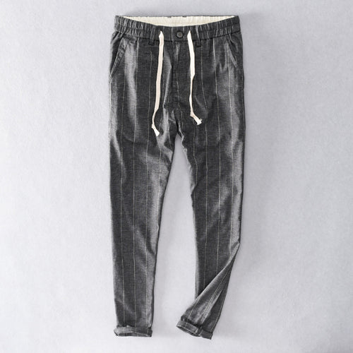 Herren lässige Hose mit elastischem Bund und Kordel schmal zulaufend Nadelstreifenoptik Nord Taschen