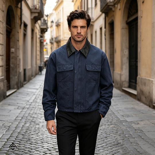 Herren Canvas-Fieldjacke im Overshirt-Look mit Lederkragen und aufgesetzten Pattentaschen Nord Taschen