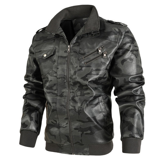 Herren Camouflage-Kunstleder-Bomberjacke im Pilotenstil mit Rippbündchen und Zipper-Taschen Nord Taschen
