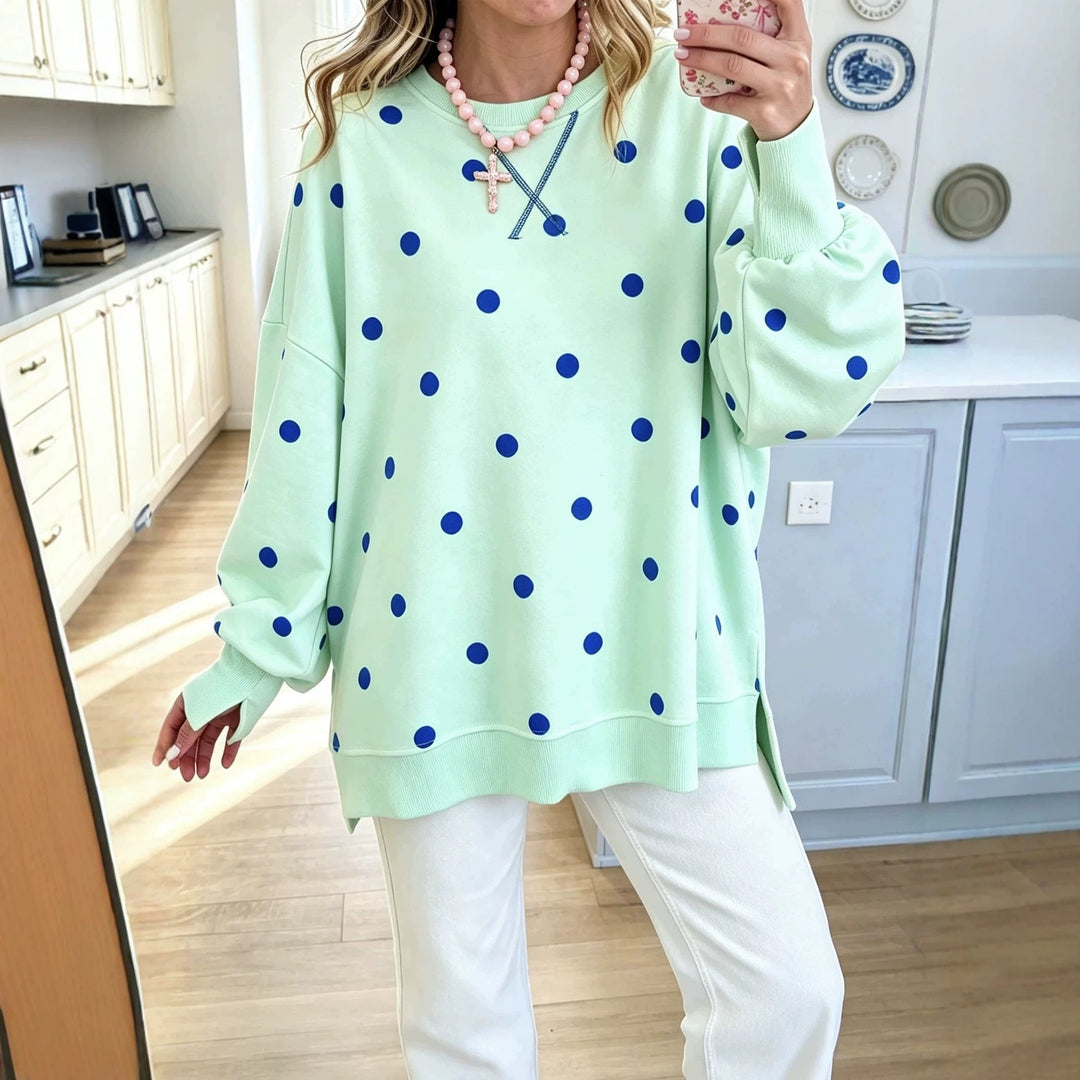 Damen Oversize-Sweatshirt mit Puffärmeln, Polka-Dots und Seitenschlitzen Nord Taschen