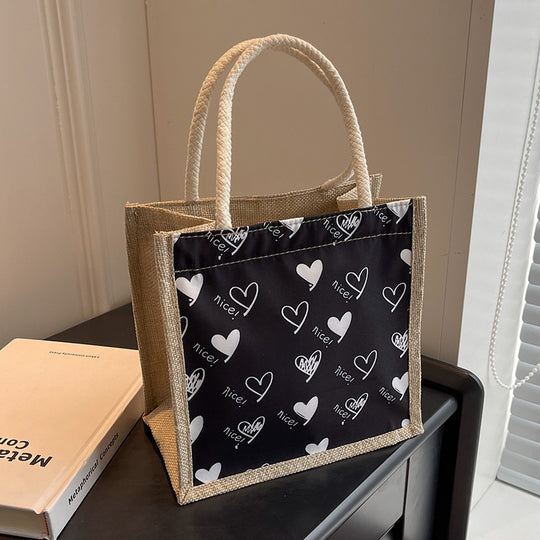 Damen Jute-Tragetasche mit verspieltem Herzdesign und Buttonverschluss Nord Taschen