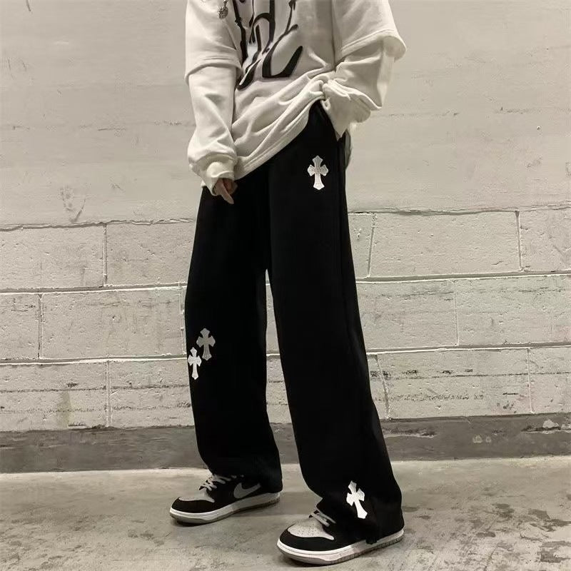Herren Weite Sweatpants mit Gothic-Kreuz-Print, Tunnelzug & Tiefer Schritt Nord Taschen