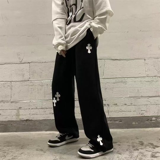 Herren Weite Sweatpants mit Gothic-Kreuz-Print, Tunnelzug & Tiefer Schritt Nord Taschen